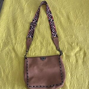 Elegant Tan Crossbody Bag with Patterned Strap